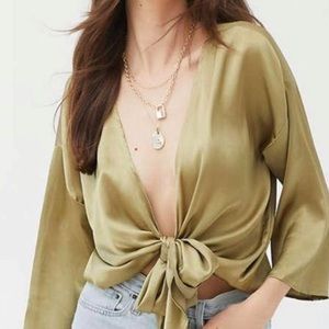 Green Satin Self Tie Knot Blouse